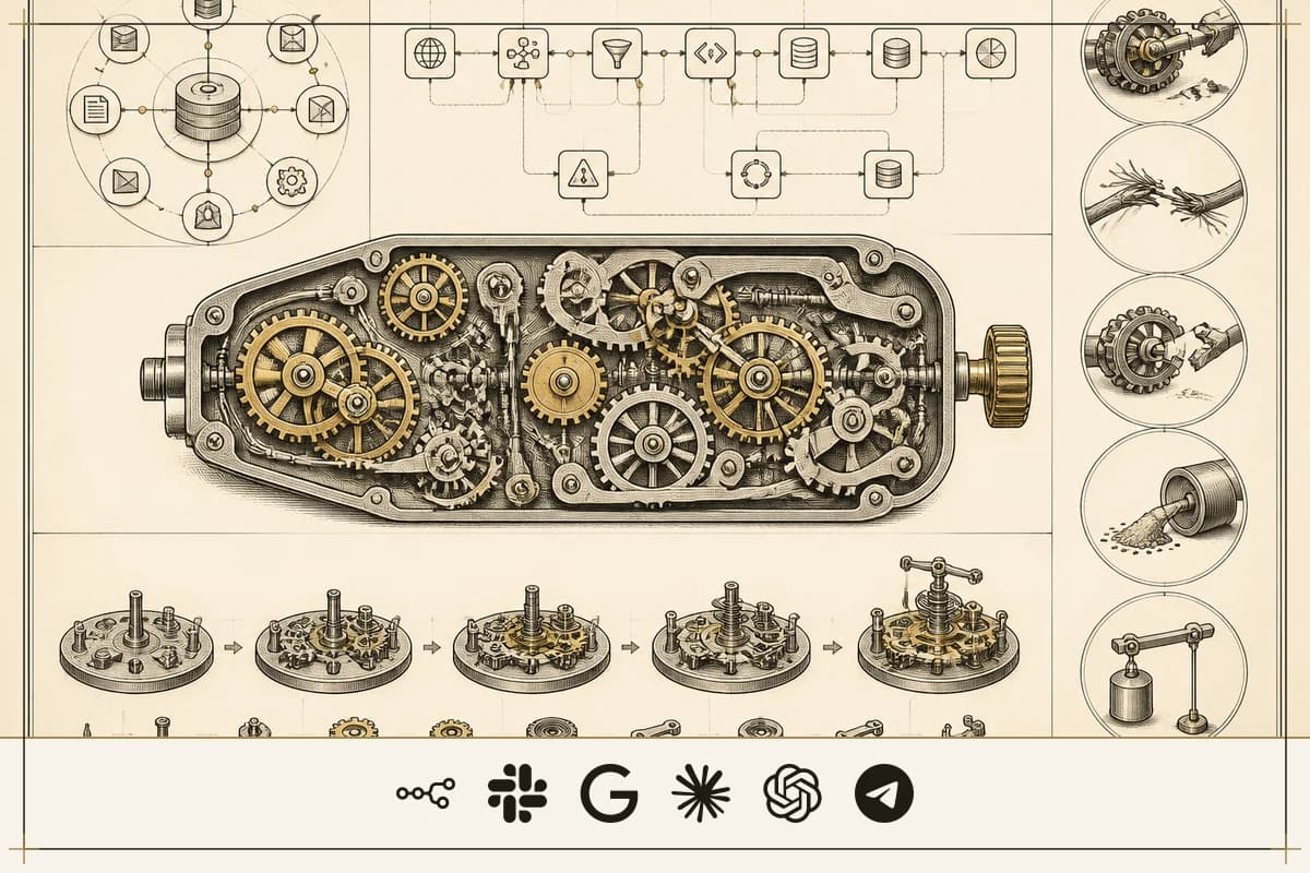 No-code automation that survives production: the data model, the failure modes, and the build sequence for durable n8n workflows