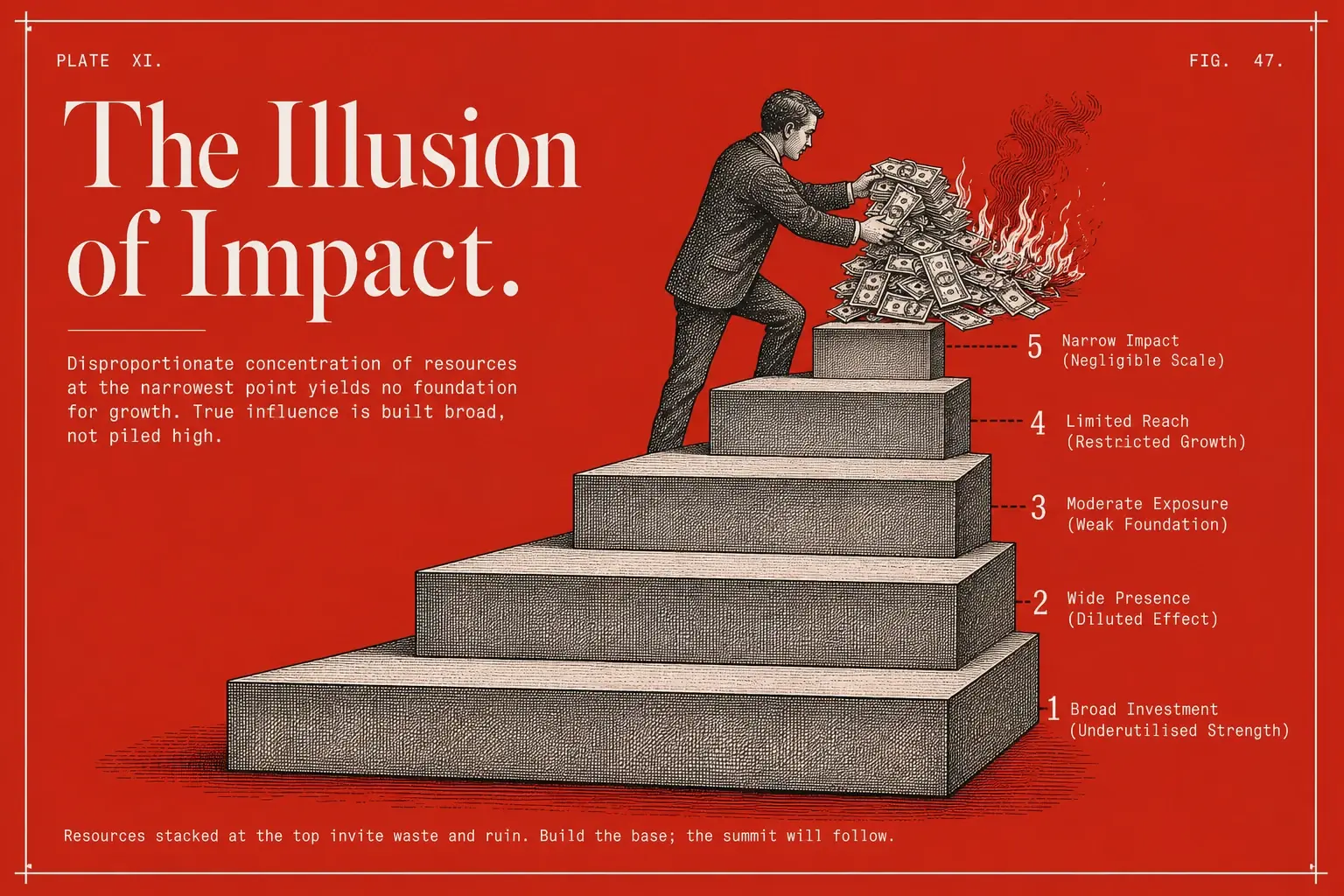 Most budgets crowd the tiny most-aware top step and set money on fire, while the wide unaware and problem-aware steps below go unspoken to.