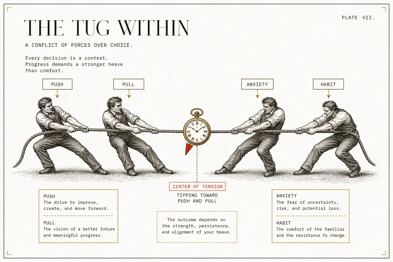 Every switch is a tug-of-war, where push plus pull have to beat the anxiety of the new and the habit of the old.