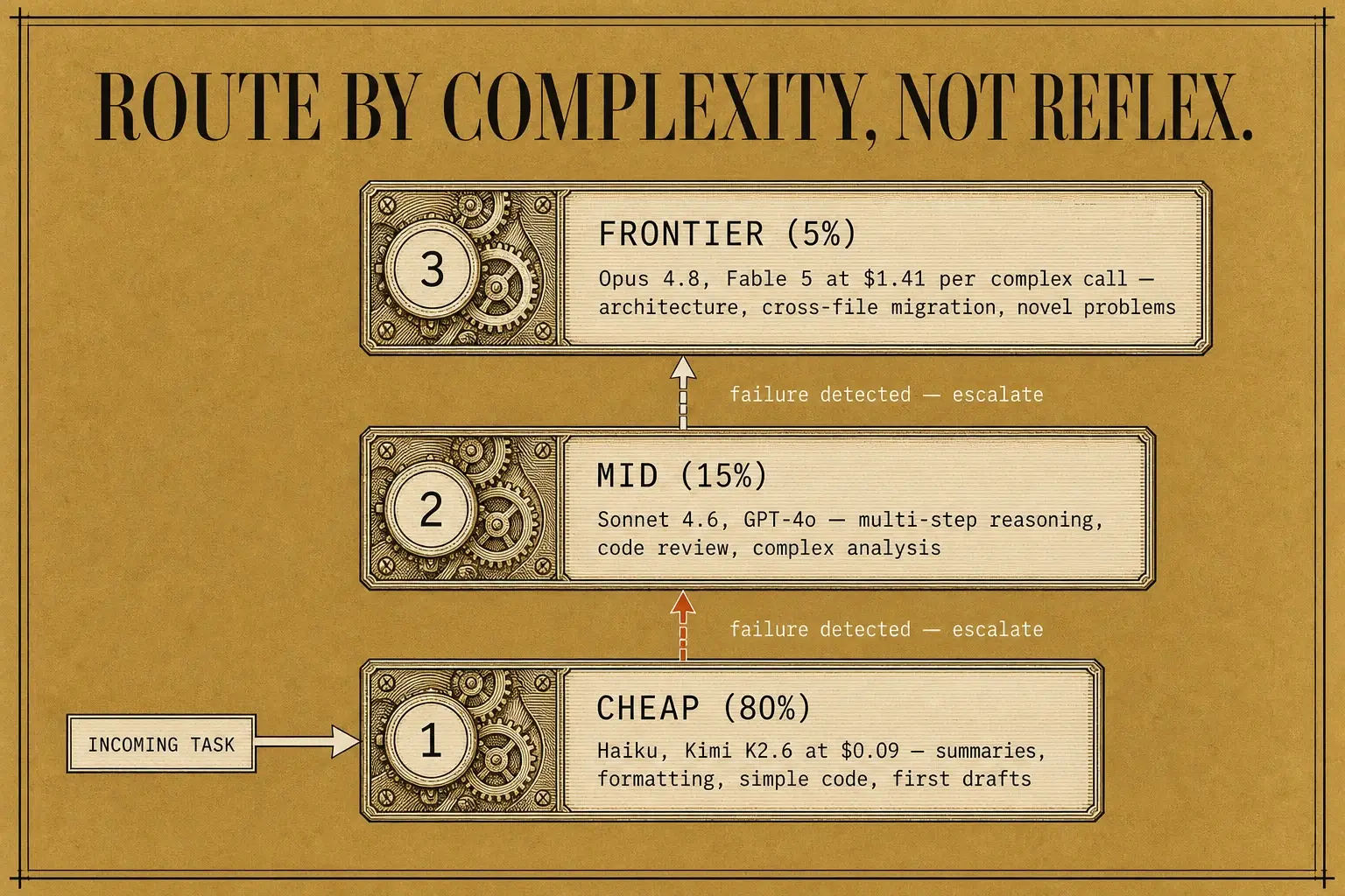 Three-tier model routing: 80 percent of tasks go to cheap fast models, 15 percent to mid-tier, and 5 percent to frontier, with automatic fallback escalation when the lower tier fails.