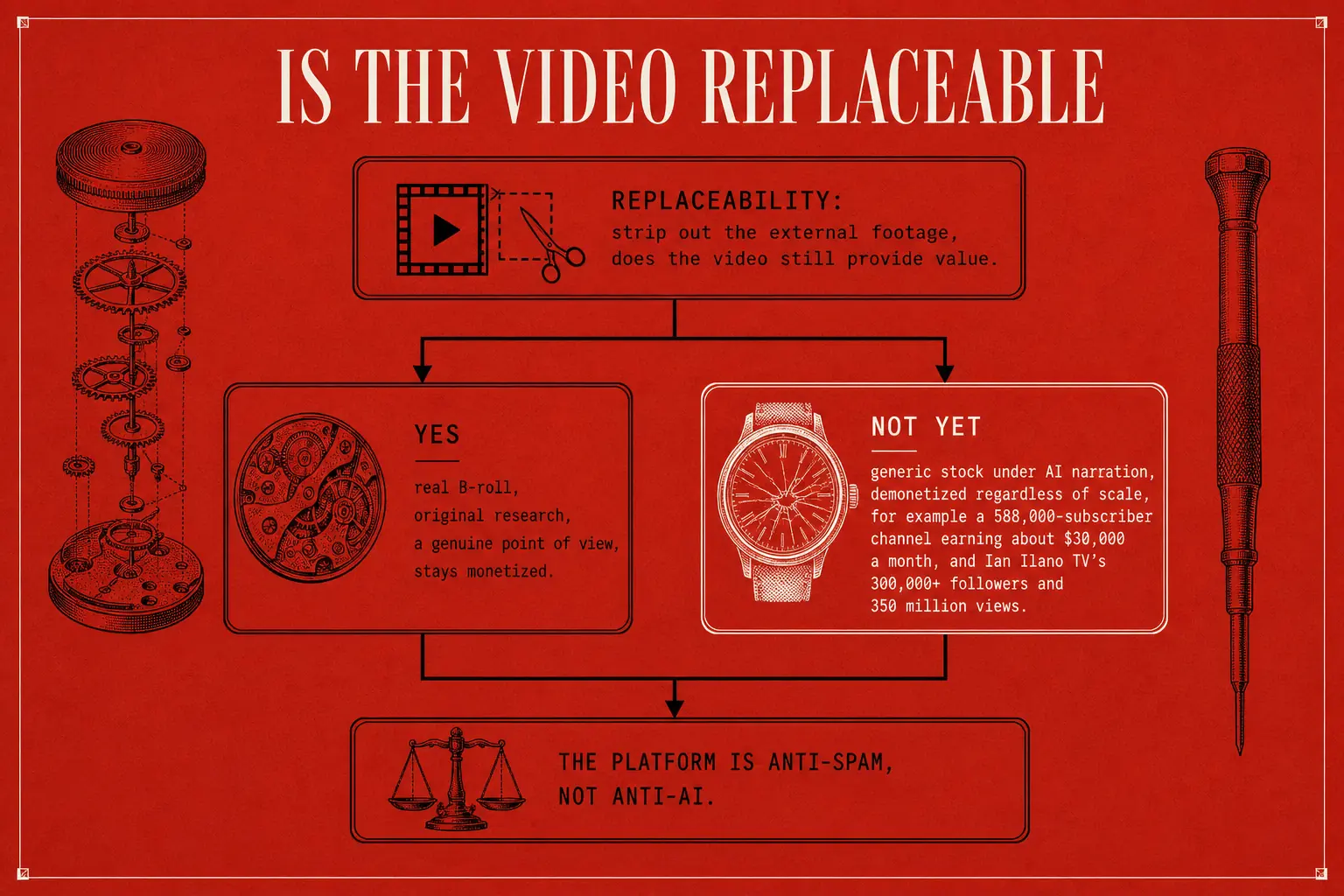 A replaceability gate: strip out the external footage and ask if the video still provides value. Real B-roll and original research pass, while generic stock under AI narration gets demonetized regardless of scale, as with a 588,000-subscriber channel earning about $30,000 a month and Ian Ilano TV's 300,000+ followers and 350 million views.