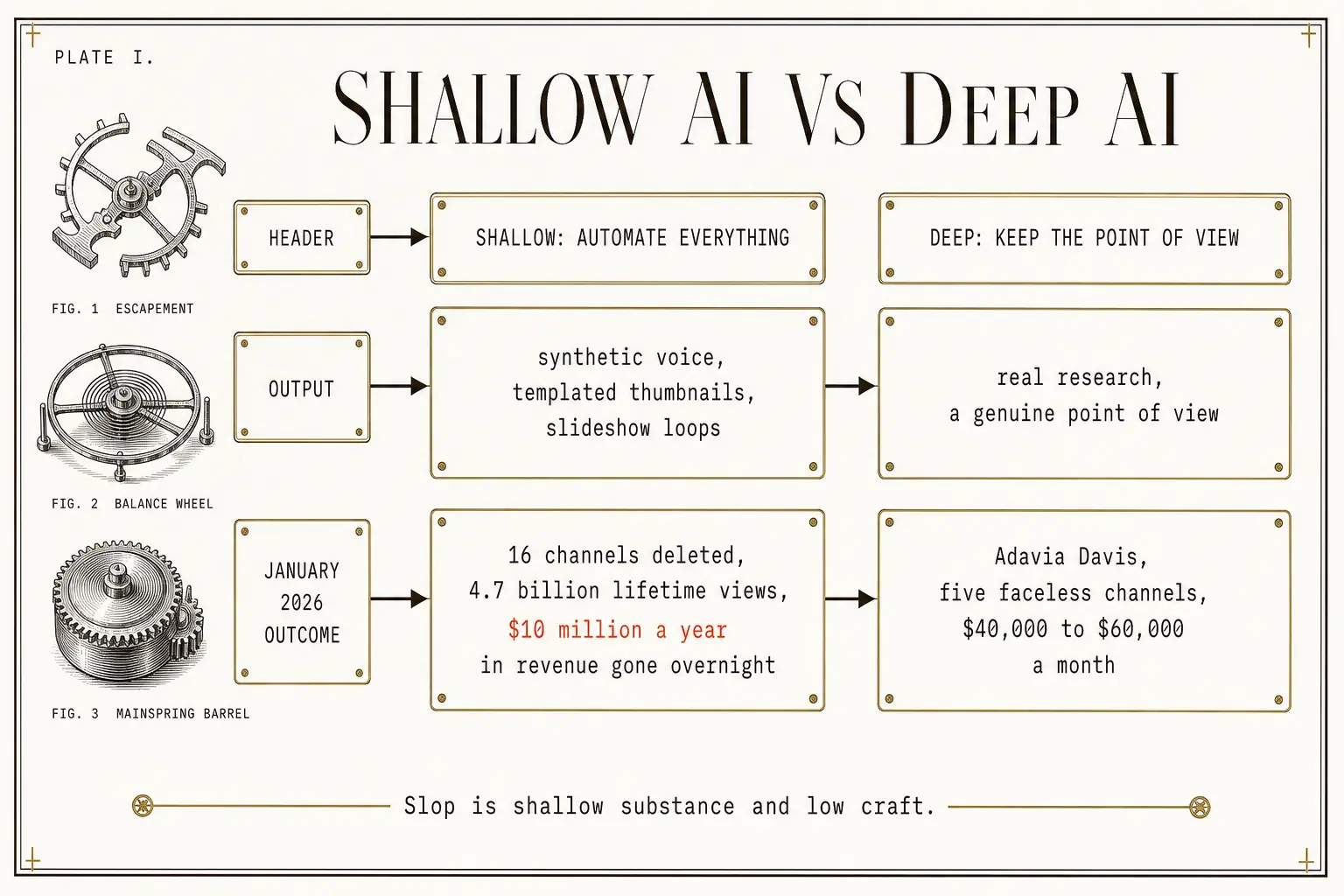 A comparison of shallow AI video against deep AI video: synthetic voice and templated thumbnails on one side, real research and a genuine point of view on the other, with the January 2026 outcome for each, sixteen channels deleted worth 4.7 billion lifetime views and $10 million a year in revenue gone overnight, against Adavia Davis earning $40,000 to $60,000 a month on five faceless channels.