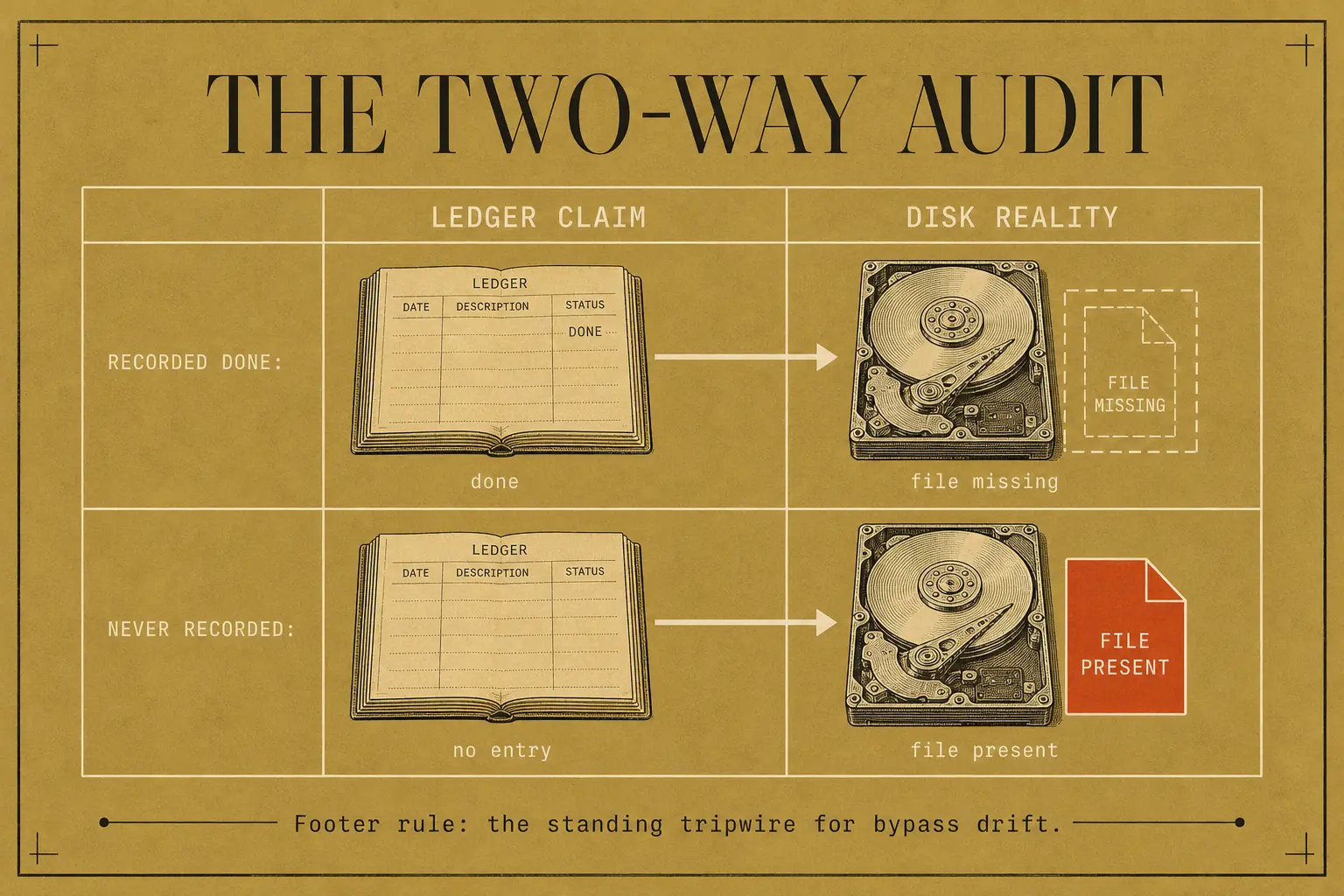 The audit checks both directions at once, artifacts the ledger calls done but that are missing on disk, and files that exist but were never recorded, catching any tool that quietly bypasses the ledger.