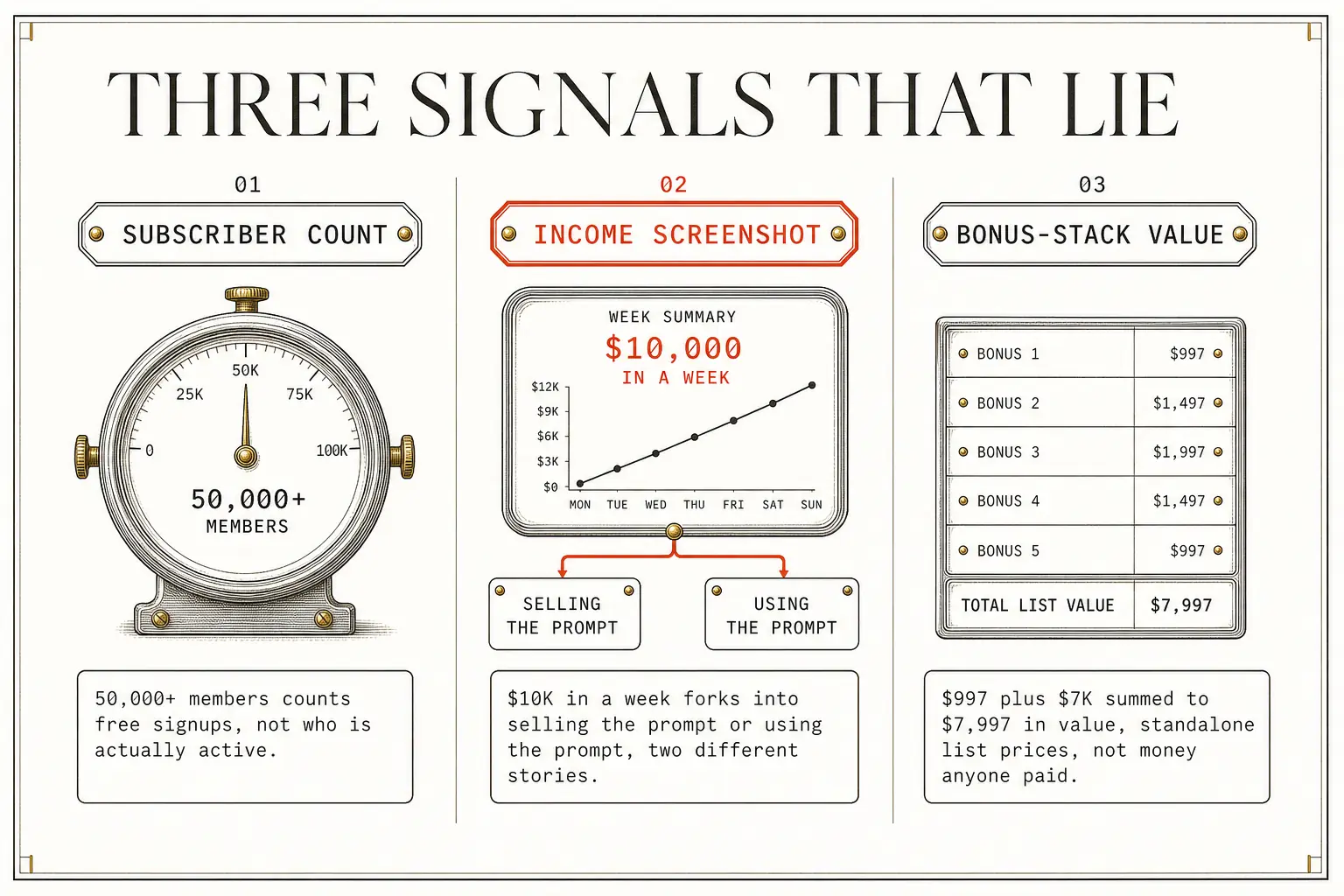 Three credibility signals that look like proof but measure nothing real: an inflated member count, a single income screenshot mistaken for a repeatable system, and a bonus stack valued by adding up list prices nobody paid. The income screenshot carries the accent because it is the fastest one to fool a reader.