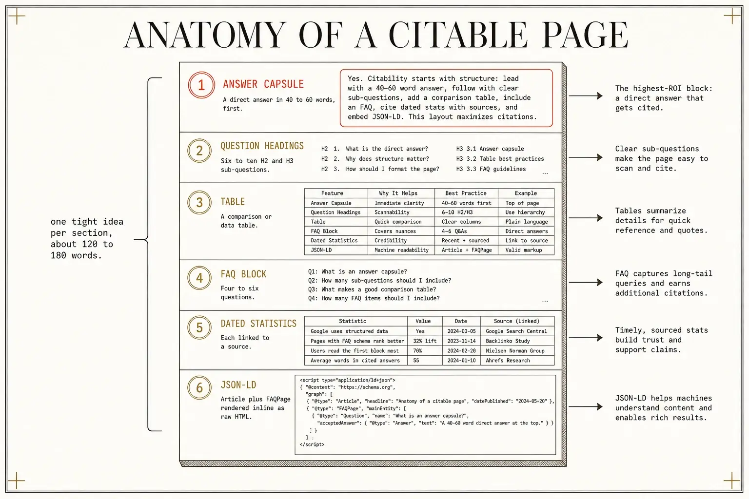 The layout of a citable page from the top answer capsule through question headings, a table, an FAQ, dated statistics, and inline JSON-LD.