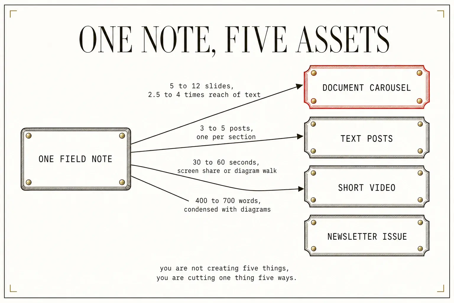 One field note cut four ways into the LinkedIn asset set: a document carousel, three to five text posts, a short video, and a newsletter issue, with reach and length notes on each arm.