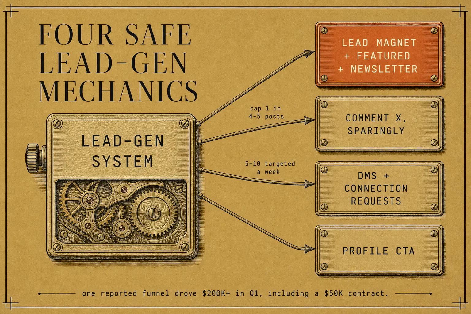 The four lead-generation mechanics the article calls algorithm-safe: a lead magnet paired with Featured and the newsletter, a sparing comment-gated call to action, personalized connection requests and DMs, and a profile call-to-action button. One reported funnel built on this stack drove $200K+ in Q1 revenue, including a $50K contract.
