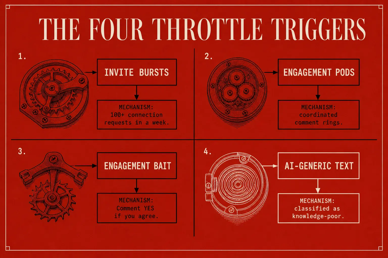 The four behaviors LinkedIn's throttle filters flag: invite bursts of 100+ requests a week, engagement pods, engagement bait phrases like Comment YES if you agree, and AI-generic knowledge-poor text. Real build logs and failure post-mortems avoid all four by default.