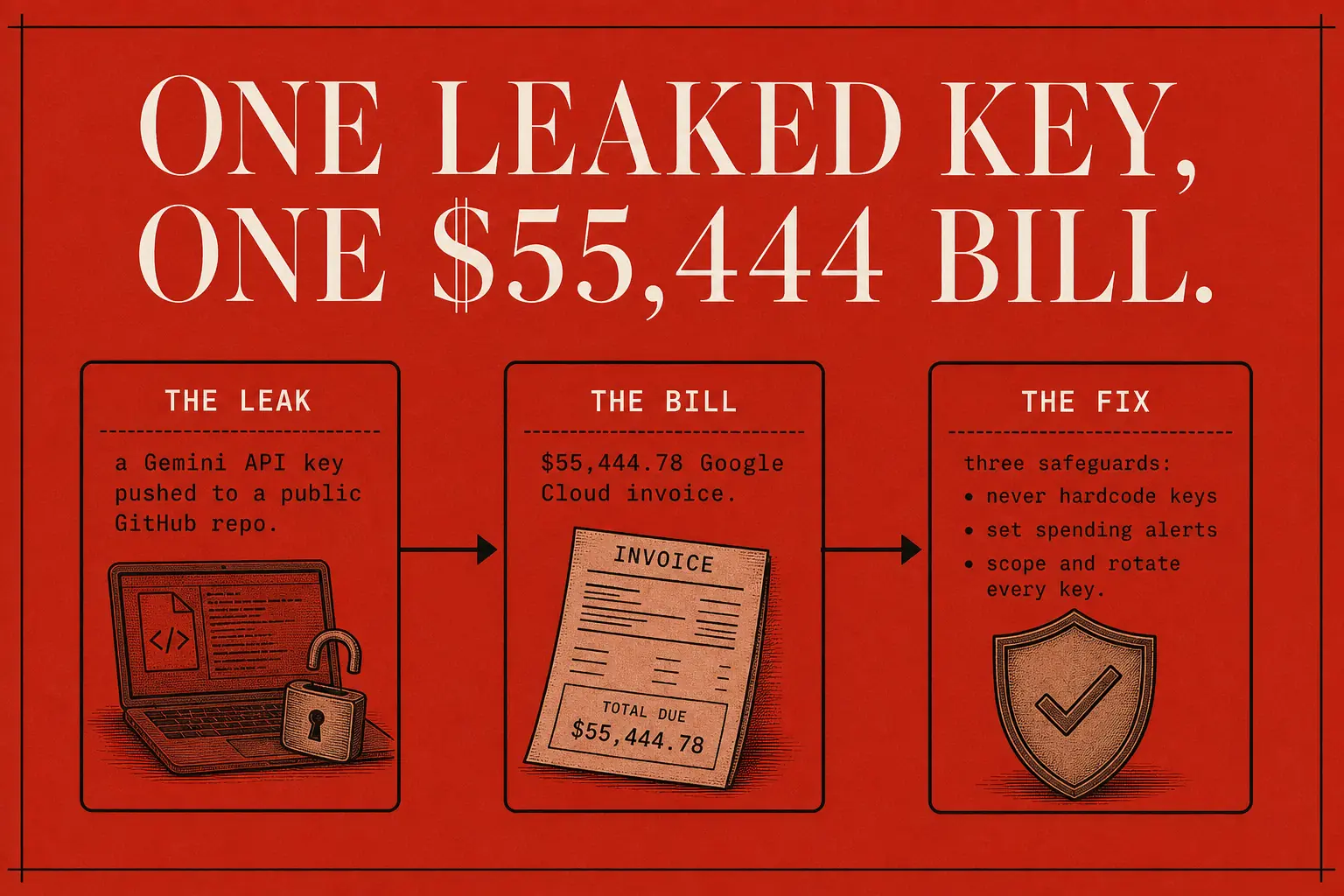 A leaked Gemini API key on GitHub turned into a $55,444.78 Google Cloud bill. Three safeguards close that gap: no hardcoded keys, spending alerts on every dashboard, and scoped, rotating credentials for each agent.