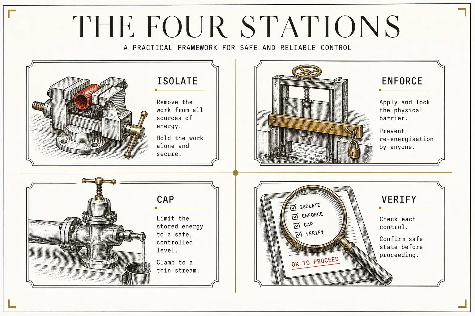 The four stations of the agent harness. Isolate gives each agent its own filesystem reality, Enforce turns rules into hooks that block, Cap walls off spend and turns, Verify hands the diff to a reviewer that is not the author. Every babysitting moment traces to one empty station.
