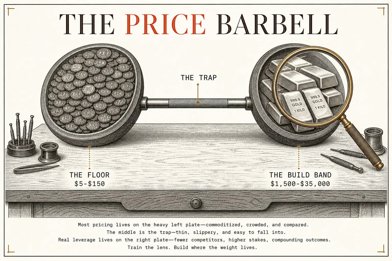 The marketplace price barbell from 1,560 real listings. A crowded commodity floor of five to 150 dollar gigs, a thin dangerous middle, and a fixed-scope build band from 1,500 to 35,000 dollars where clients screen for production systems.