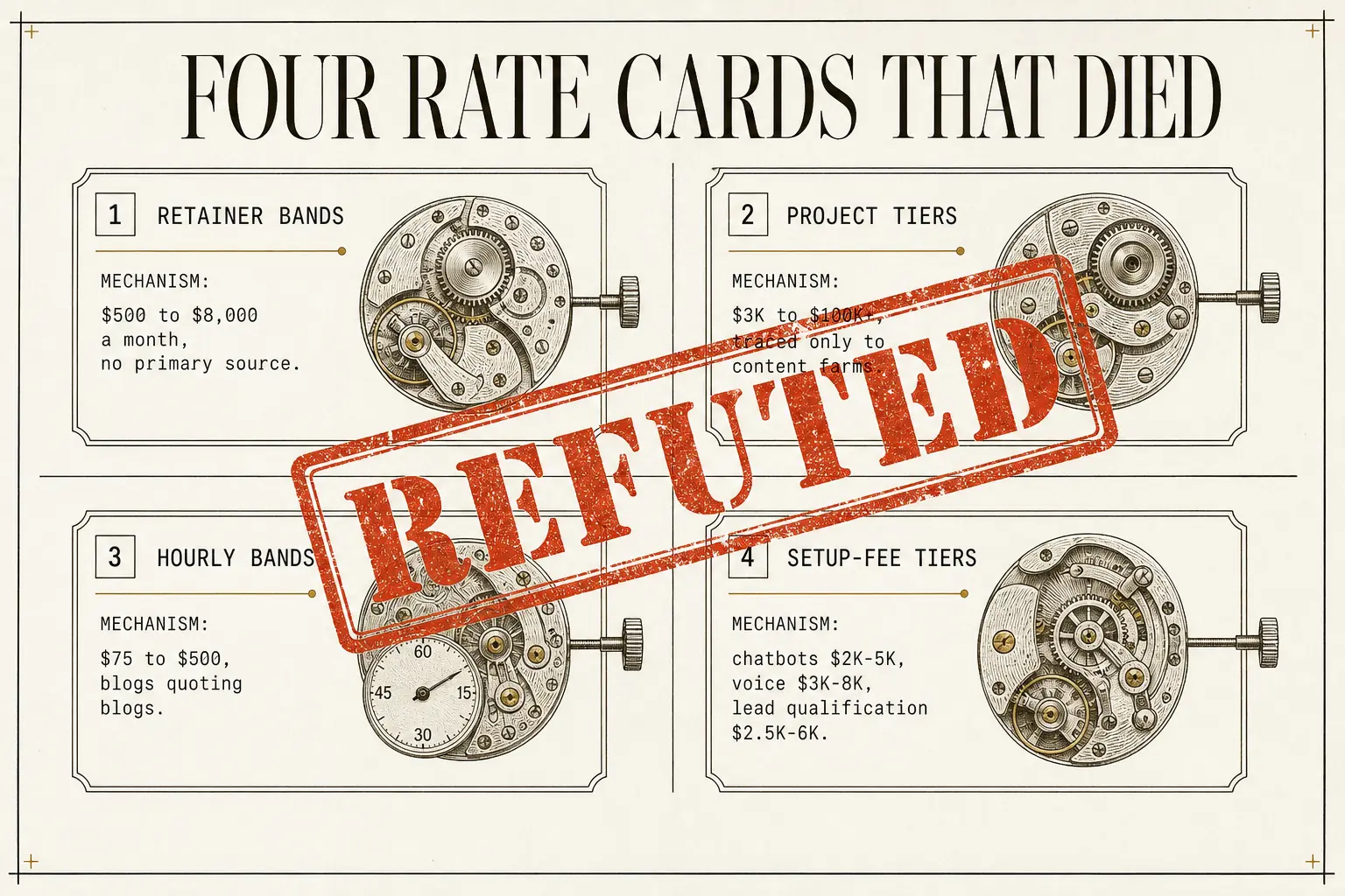 The four rate card claims that circulate as AI automation pricing gospel: retainer bands, project tiers, hourly bands, and setup fee tiers. None trace to a primary source. Every one traces back to blogs quoting other blogs.