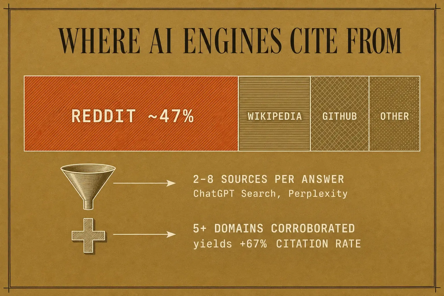 Reddit accounts for roughly 47 percent of Perplexity top-10 cited sources. AI engines name only 2 to 8 sources per answer, and claims corroborated across 5 or more domains earn about 67 percent more citations.