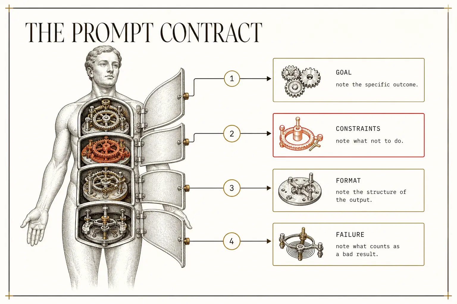 The prompt contract opened into its four parts, goal, constraints, format, and failure. Naming all four before writing the prompt is what stops an agent from finishing a task without truly completing it.