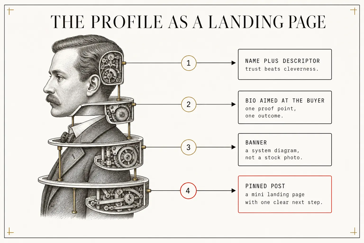 The X profile opened into four labeled parts: the name and descriptor, a bio aimed at the buyer, a banner showing a system diagram, and a pinned post. The pinned post carries the accent because it works as a mini landing page with one clear next step.